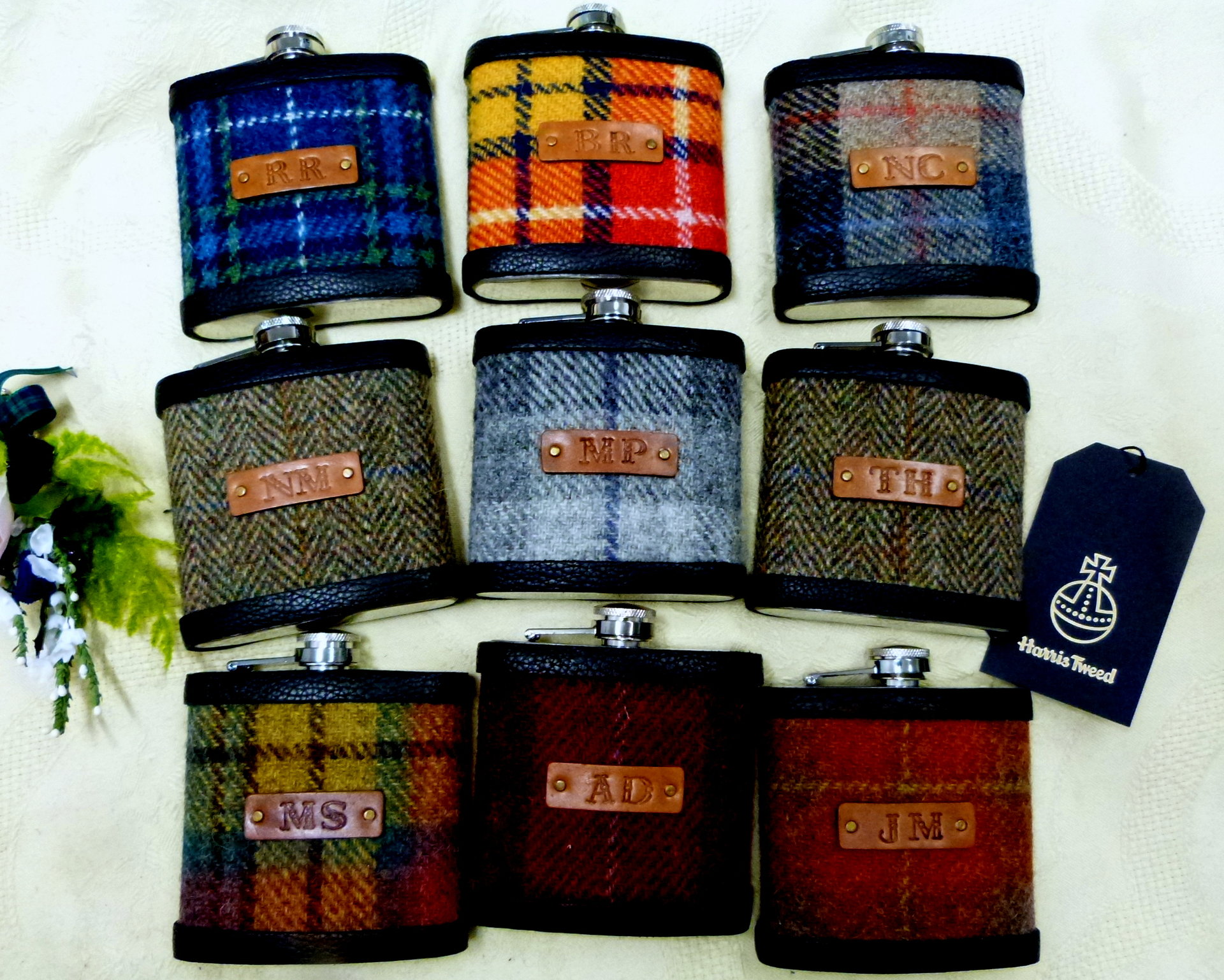 Custom order for Madison  NINE MacDonald of the Isles Hunting Ancient kilt tartan Hip Flasks  with initials 