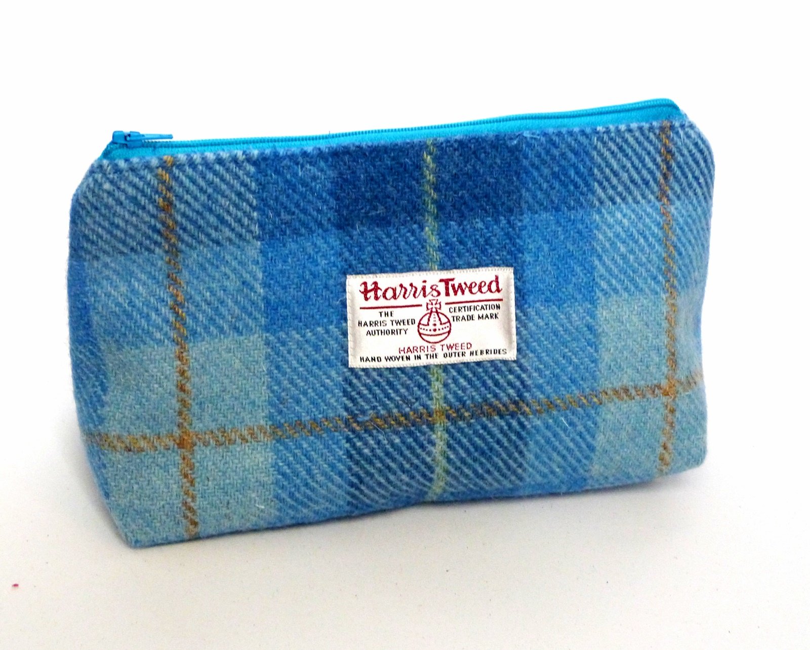 Cosmetic bag Blue shades of checked Harris Tweed with matching compact mirror Make up bag