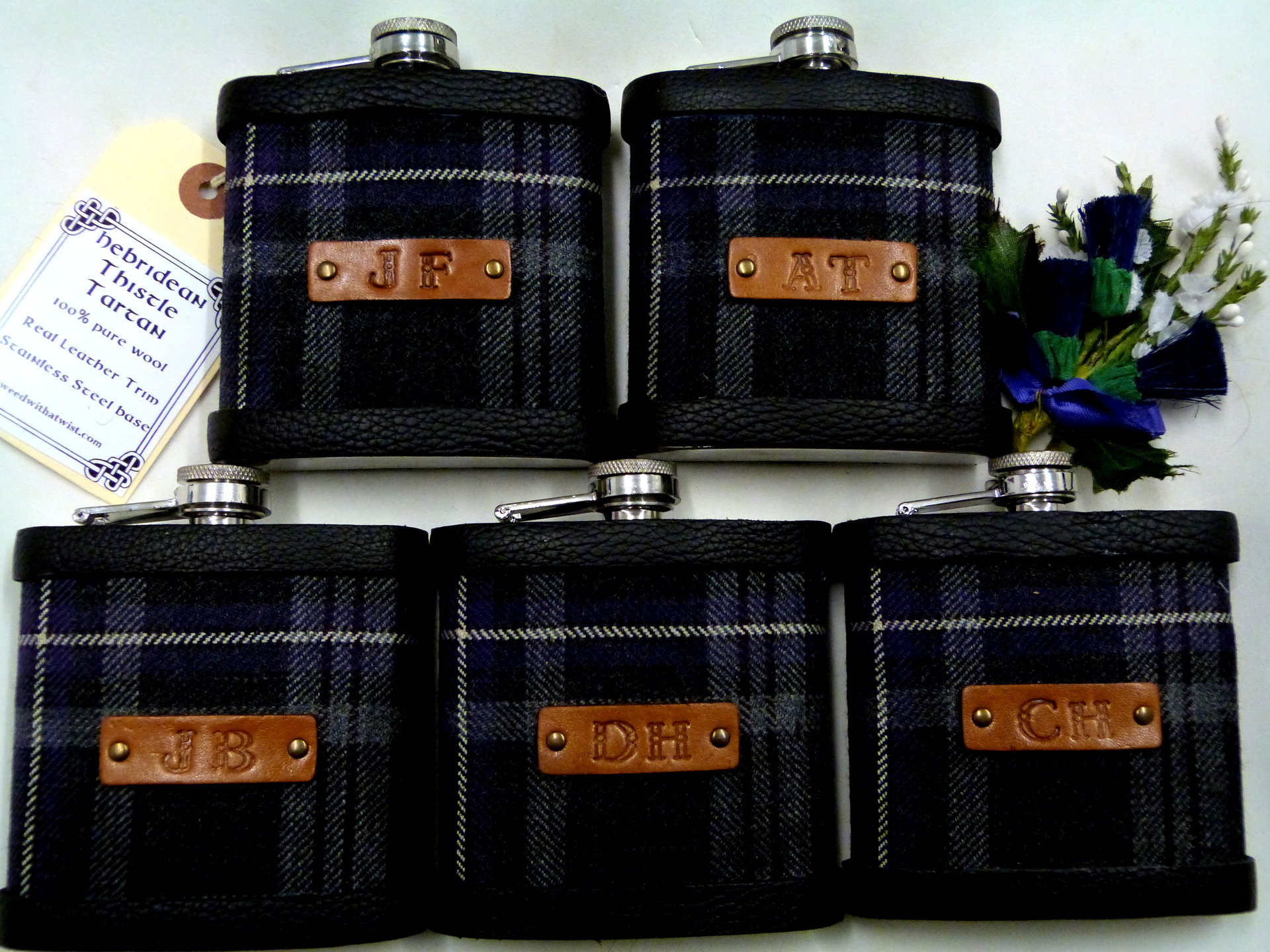 Custom order for Madison  NINE MacDonald of the Isles Hunting Ancient kilt tartan Hip Flasks  with initials 