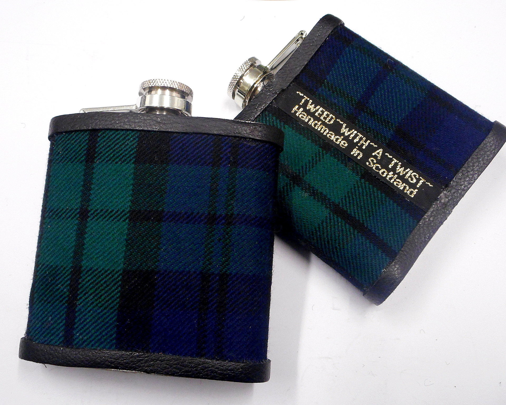Black Watch tartan flask personalised choice of finish plain, engraved, thistle or leather